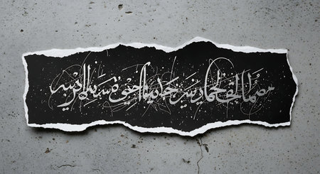 Arabic calligraphy on torn black paper against concrete backgroundの素材