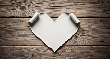Heart shape torn paper on rustic wooden background for love messageの素材