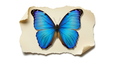 Vibrant blue morpho butterfly resting on aged parchment isolated on white backgroundの素材