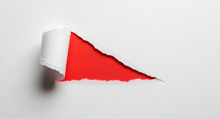 Torn white paper revealing bright red color underneath isolated on white backgroundの素材