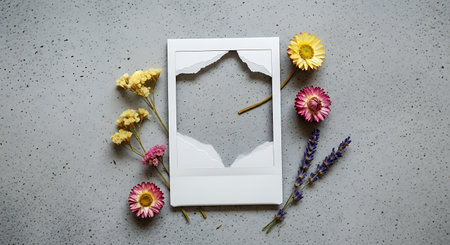 Blank polaroid frame surrounded by colorful dried flower arrangementの素材