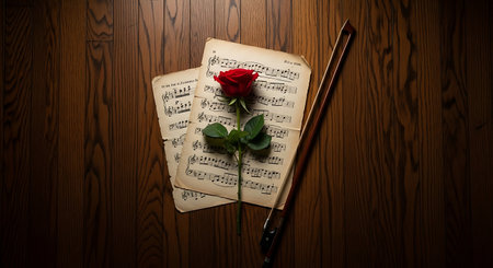 Red rose on old sheet music with violin bow on woodの素材