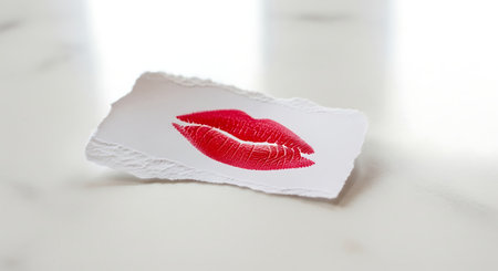 Red lipstick kiss mark on a small torn piece of white paperの素材