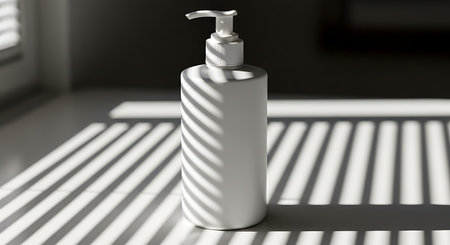 White soap dispenser bottle with strong shadow lines from blindsの素材