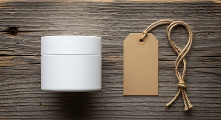 White cosmetic jar with blank brown paper tag on rustic woodの素材