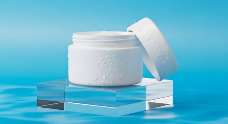 White cosmetic cream jar with lid resting on blue water blocksの素材
