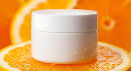 White cosmetic cream jar resting on a fresh slice of orangeの素材