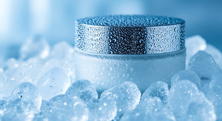 Cosmetic cream jar covered in water droplets surrounded by iceの素材