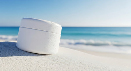 White cosmetic jar resting on a sunny tropical beach sand duneの素材