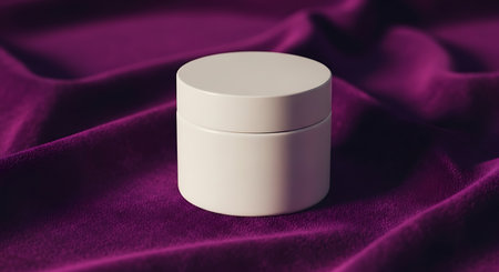 White cosmetic jar mockup resting on luxurious deep purple satin fabricの素材