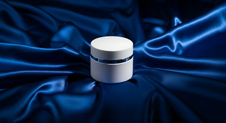 White cosmetic cream jar resting on luxurious deep blue satin fabricの素材