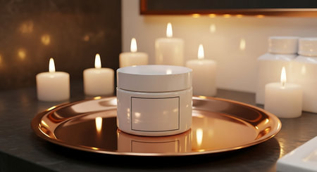 White cosmetic jar on copper tray with lit candles in backgroundの素材