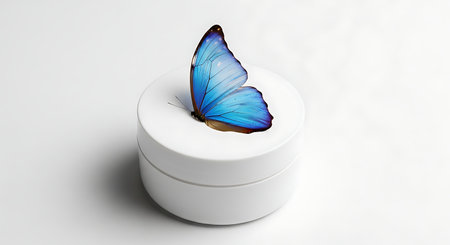 Vibrant blue butterfly wing emerging from a white containerの素材