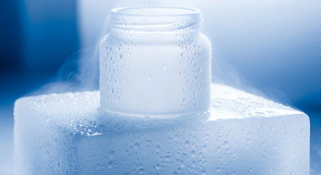 Glass jar with condensation sitting on a block of dry iceの素材