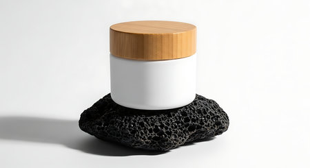 White cosmetic jar with bamboo lid resting on black lava rockの素材