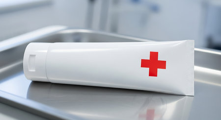 White tube of ointment with red cross symbol on metal trayの素材