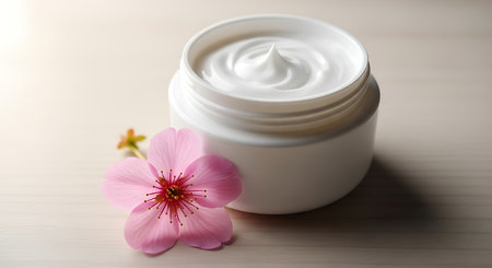 White cosmetic cream jar with pink flower on light surfaceの素材