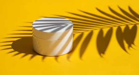 White cosmetic jar casting shadow from palm leaf on yellowの素材