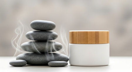 Spa treatment concept with stacked zen stone and cosmetic cream jarの素材