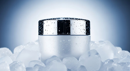 Cosmetic cream jar with water drops surrounded by ice cubesの素材