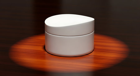White cosmetic cream jar mockup displayed on a spotlighted wooden surfaceの素材