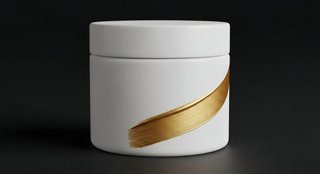 White cosmetic jar with gold brush stroke accent on dark backgroundの素材