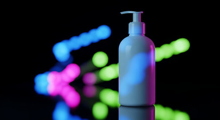 White lotion pump bottle illuminated by colorful neon light bokehの素材
