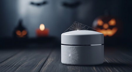 Cosmetic jar with black glitter on wooden table for halloweenの素材