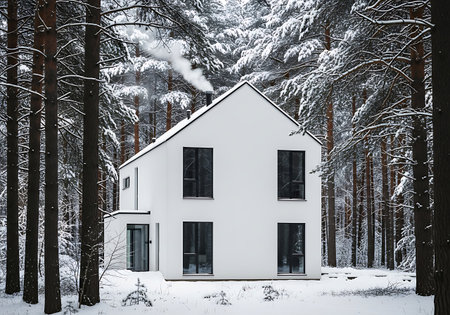 Modern white house in a dense snowy forest during winterの素材