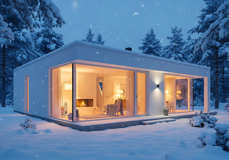 Modern minimalist house in snowy forest at twilightの素材