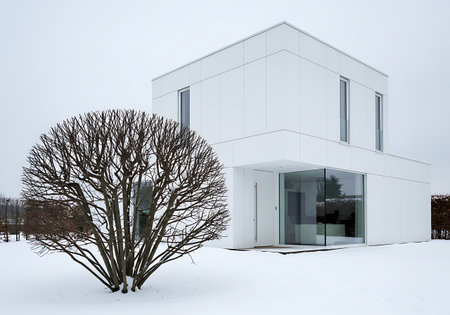 Modern white house in a snowy landscape with a pruned treeの素材