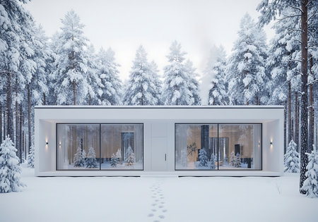 Modern minimalist house facade surrounded by snowy pine forestの素材