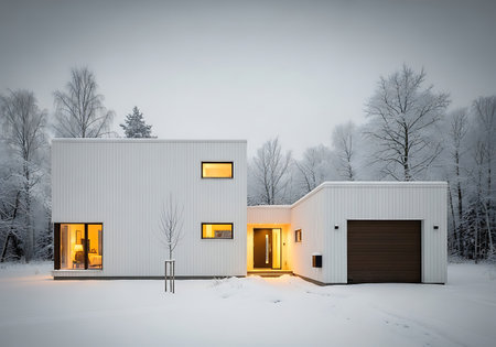 Modern white house with warm light in snowy winter landscapeの素材
