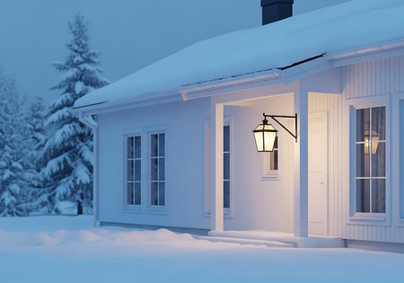 Cozy wooden house entrance with glowing lantern in winter snowの素材