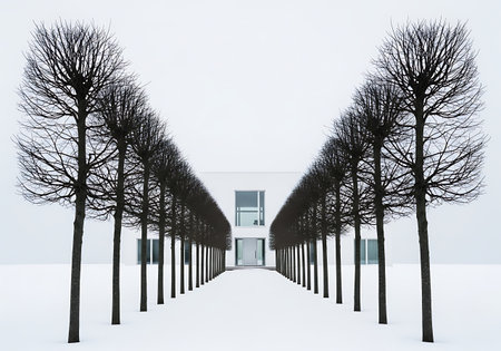 Symmetrical alley of pruned trees leading to modern white building in snowの素材
