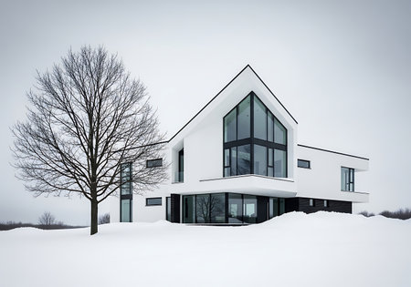 Modern white house with large window facade in winter snowの素材
