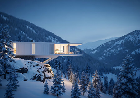Modern cantilevered house illuminated at twilight in snowy mountain landscapeの素材