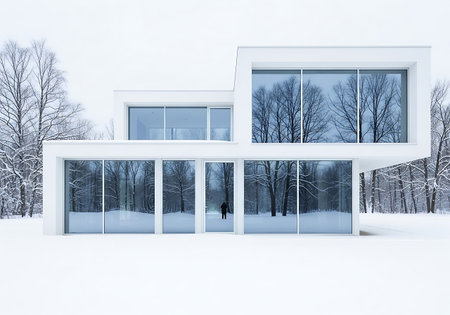 Modern minimalist white house in a snowy winter landscapeの素材