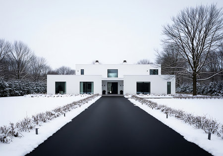 Modern white minimalist house entrance in snowy winter landscapeの素材