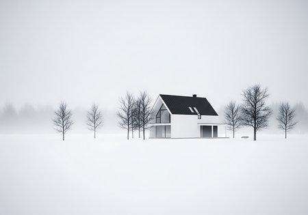 Minimalist modern house in a vast, snowy winter landscapeの素材