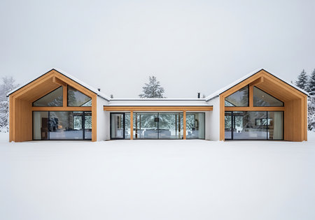 Modern wooden house with large glass facade in winter snowの素材