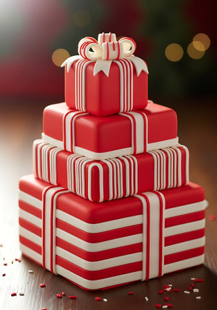 Stack of red and white square gift boxes decorated like a cakeの素材