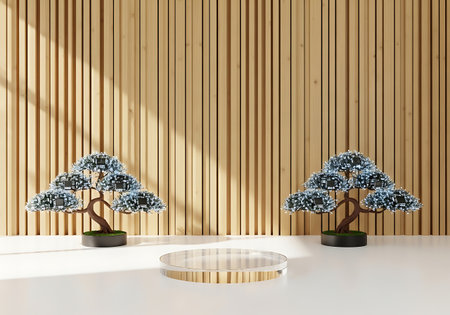 Minimalist zen display with two bonsai trees and podiumの素材