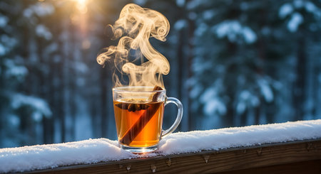 Steaming hot winter drink with cinnamon stick in snowの素材
