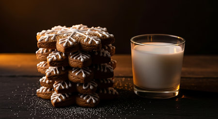 Stack of snowflake gingerbread cookies with a glass of milkの素材