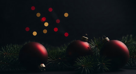 Three dark red christmas ornaments resting on pine branch with bokehの素材