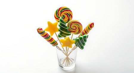 Assortment of colorful christmas lollipops in a glass isolated on white backgroundの素材