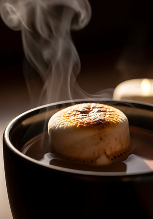 Steaming hot chocolate with a toasted marshmallow in a dark mugの素材