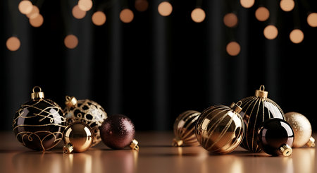 Elegant dark and gold christmas ornament arrangement with bokehの素材