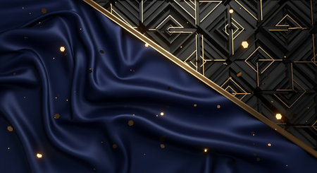 Elegant dark blue satin fabric with gold art deco pattern backgroundの素材